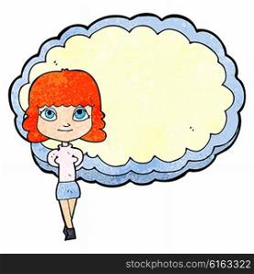 cartoon woman in front of cloud with space for text