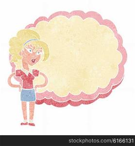 cartoon woman in front of cloud with space for text