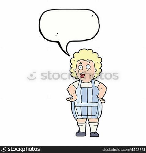 cartoon woman in kitchen apron with speech bubble