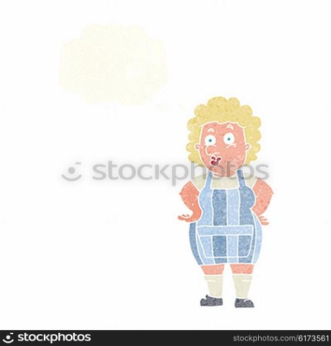 cartoon woman in kitchen apron with thought bubble