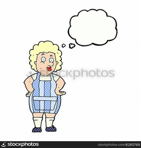cartoon woman in kitchen apron with thought bubble