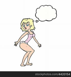 cartoon woman in lingerie with thought bubble