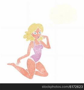 cartoon woman in lingerie with thought bubble