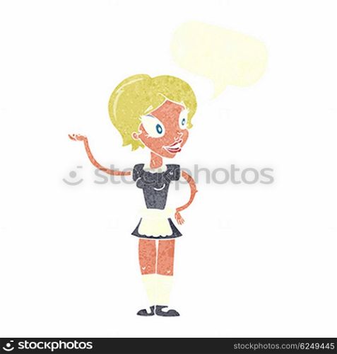 cartoon woman in maid costume with speech bubble