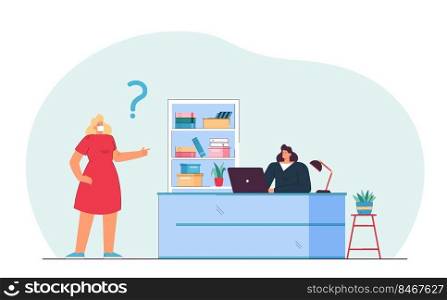 Cartoon woman in medical mask asking secretary, sitting at desk. Flat vector illustration. Girl asking question to employee in office. COVID19, precaution, protection, health concept for banner design