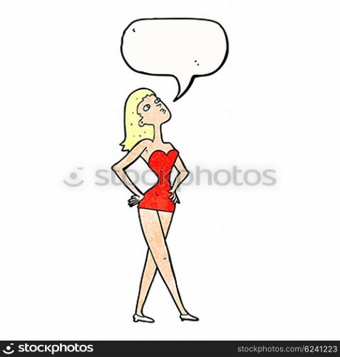 cartoon woman in party dress with speech bubble