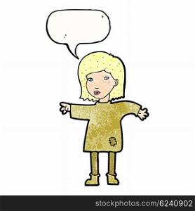 cartoon woman in patched clothing with speech bubble