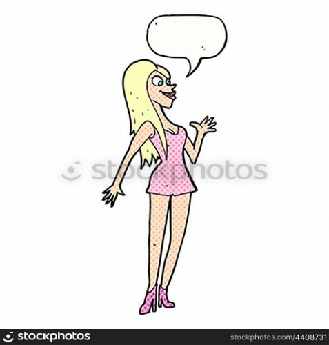 cartoon woman in pink dress with speech bubble
