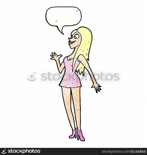cartoon woman in pink dress with speech bubble