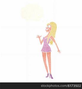 cartoon woman in pink dress with thought bubble