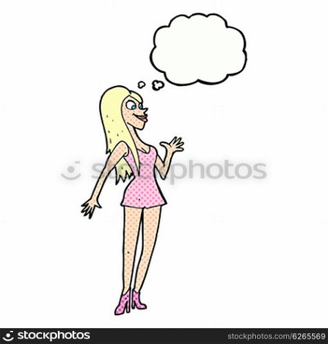 cartoon woman in pink dress with thought bubble