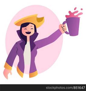 Cartoon woman in purple suit celebrating vector illustration on white background