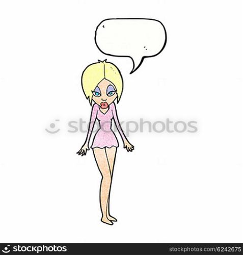 cartoon woman in short dress with speech bubble