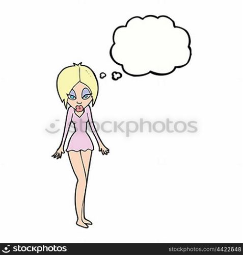 cartoon woman in short dress with thought bubble