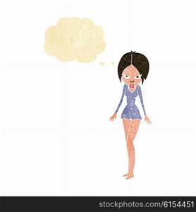 cartoon woman in short dress with thought bubble