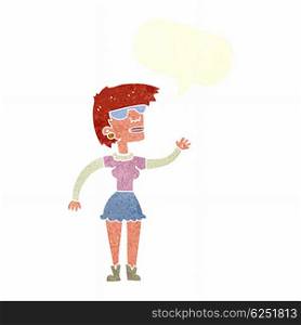 cartoon woman in spectacles waving with speech bubble
