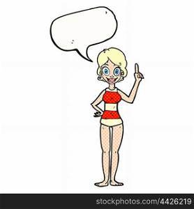 cartoon woman in striped swimsuit with speech bubble