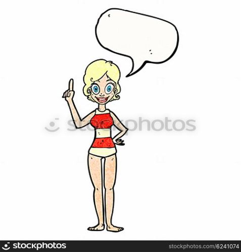 cartoon woman in striped swimsuit with speech bubble
