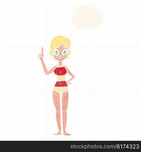 cartoon woman in striped swimsuit with thought bubble