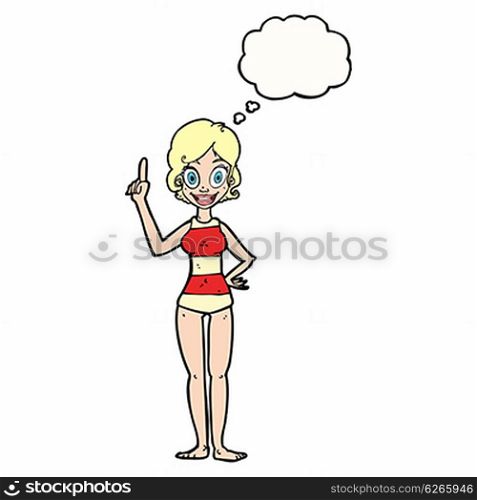 cartoon woman in striped swimsuit with thought bubble