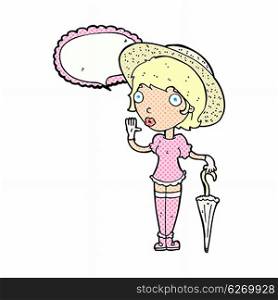 cartoon woman in summer hat waving with speech bubble