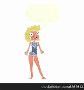 cartoon woman in swimming costume with speech bubble