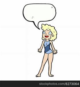 cartoon woman in swimming costume with speech bubble