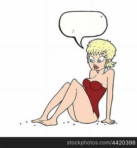 cartoon woman in swimsuit with speech bubble