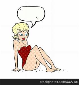 cartoon woman in swimsuit with speech bubble