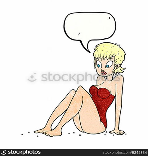 cartoon woman in swimsuit with speech bubble