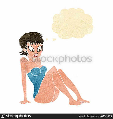 cartoon woman in swimsuit with thought bubble