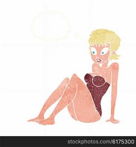 cartoon woman in swimsuit with thought bubble