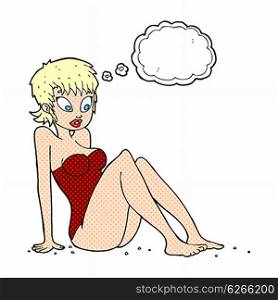 cartoon woman in swimsuit with thought bubble