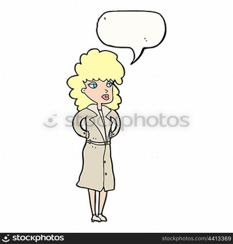 cartoon woman in trench coat with speech bubble