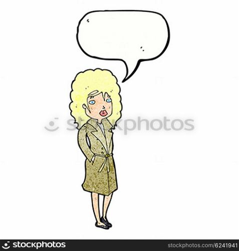 cartoon woman in trench coat with speech bubble