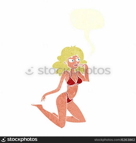 cartoon woman in underwear looking speechful with speech bubble