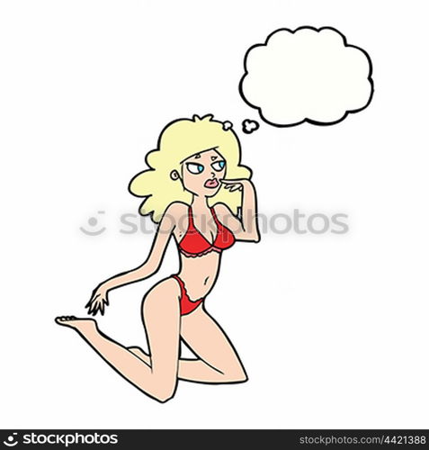 cartoon woman in underwear looking thoughtful with thought bubble