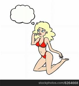 cartoon woman in underwear looking thoughtful with thought bubble