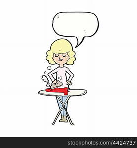 cartoon woman ironing with speech bubble