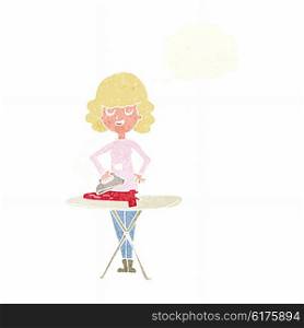 cartoon woman ironing with thought bubble