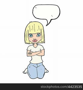 cartoon woman kneeling with speech bubble