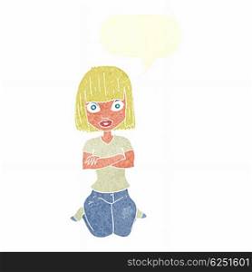 cartoon woman kneeling with speech bubble
