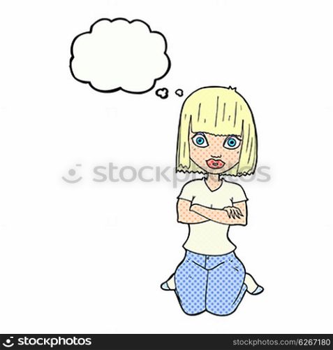 cartoon woman kneeling with thought bubble
