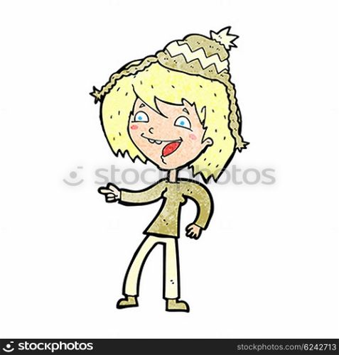 cartoon woman laughing and pointing with speech bubble
