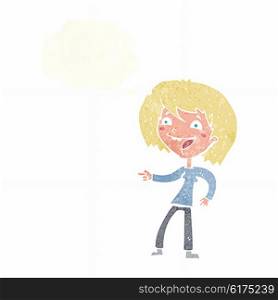 cartoon woman laughing and pointing with thought bubble
