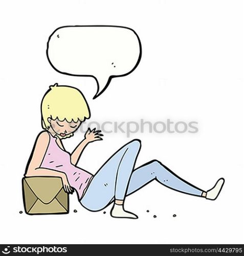 cartoon woman leaning on package box with speech bubble