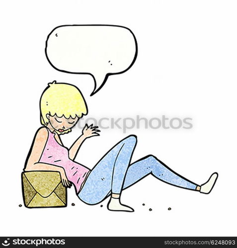 cartoon woman leaning on package box with speech bubble