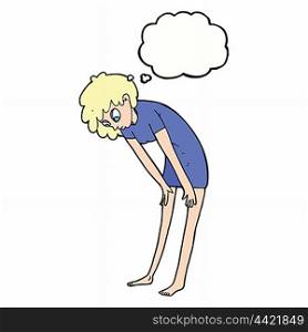 cartoon woman looking at her feet with thought bubble