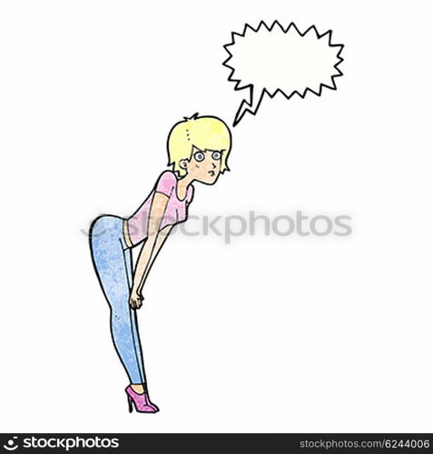 cartoon woman looking at something with speech bubble
