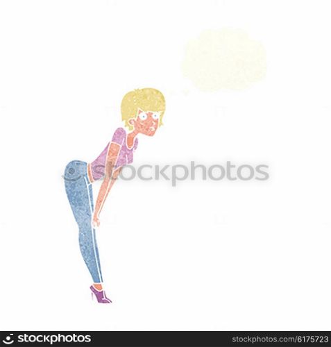 cartoon woman looking at something with thought bubble